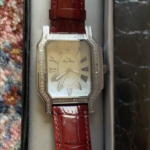 Lucien Piccard Style Silver-Tone Case Watch with Burgundy Leather Strap